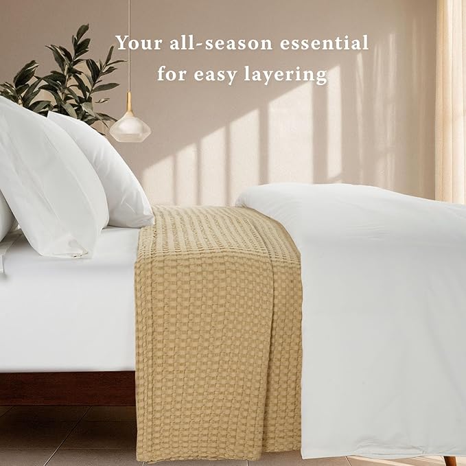 Threadmill Cooling Blanket Twin Size Waffle Weave| Breathable, Lightweight & Ultra-Soft | Made from Rayon Derived from Bamboo | Waffle Throw for Couch and Sofa | 68 x 92 Inches | Beige