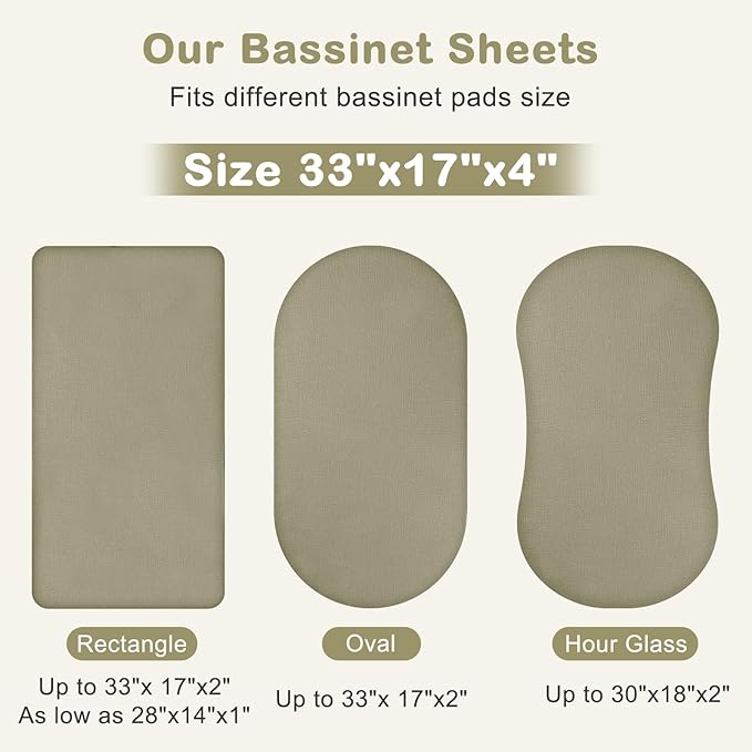 Basumee Muslin Bassinet Sheets for Baby Girl Boy 2 Pack Soft Breathable Baby Bedside Bassinet Fitted Sheets with Bottom Elastic Band 33''x17''x4'' Mattress Cover for Rectangle Oval Hourglass Bassinets