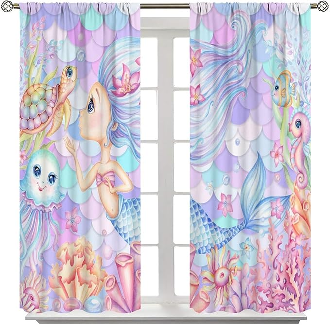 Fantasy Mermaid Curtain Dream Cartoon Marine Organisms Turtle Coral Ocean Theme Dream Blackout Window Treatment for Kids Girls Bedroom Nursery Room Decor Rod Pocket Window Drapes 55x63in