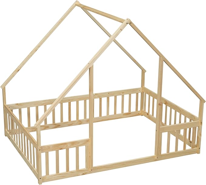 Bellemave Full Floor Bed for Kids, Girls, Boys, Wood House Bed Frame, House Floor Bed for Kids, Full Size Montessori Floor Bed with Fence, Playhouse, Natural