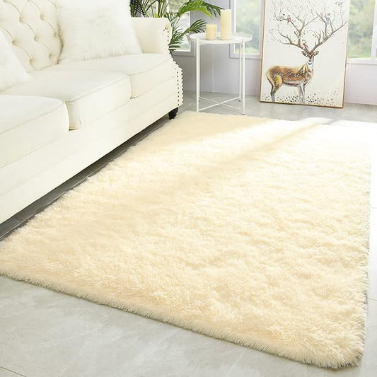 Merelax Modern Soft Fluffy Large Shaggy Rug for Bedroom Livingroom Dorm Kids Room Indoor Home Decorative, Non-Slip Plush Furry Fur Area Rugs Comfy Nursery Accent Floor Carpet 4'x6' Light Champagne
