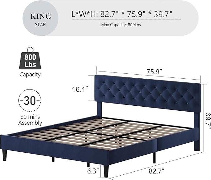 BarnFurin King Size Bed Frame, Upholstered Platform Bed Frame King with Button Tufted Headboard, Wooden Slats Support, No Box Spring Required, Easy Assembly, Navy Blue
