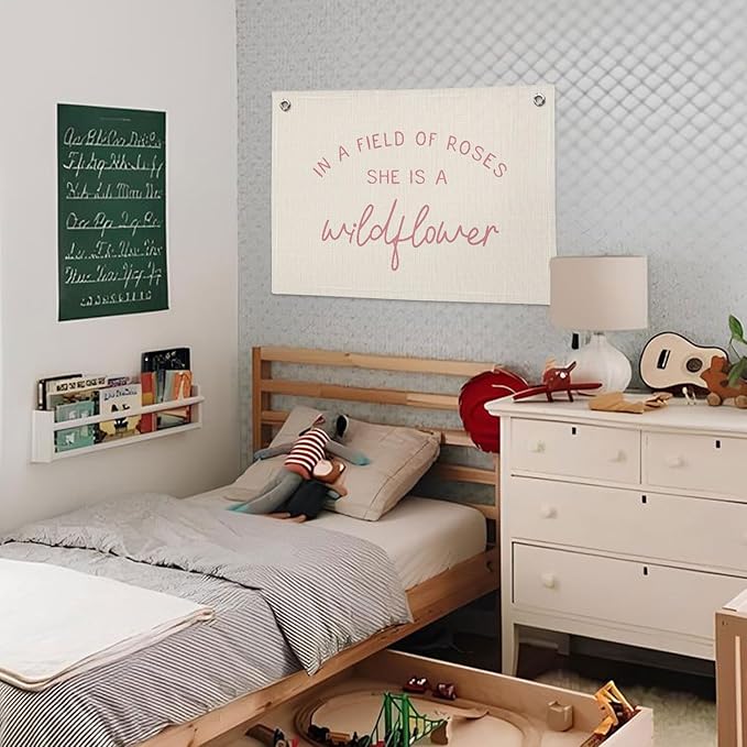 Wildflower Nursery Decor, Girls Room Decor - In a Field Full of Roses She Is a Wildflower Pink Linen Banner Flag for Little Girl Baby Girl - Pink