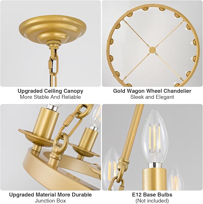 Wagon Wheel Chandelier, 16-Light Gold Round Modern Farmhouse Chandelier with Adjustable Height Hanging Island Light Fixture for High Ceiling Dining Room, Kitchen, Living Room, Entryways, Foyer