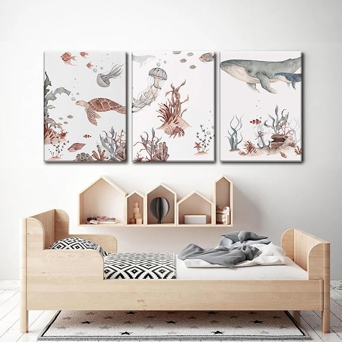 Wodkwq Ocean Nursery Decor,Nursery Wall Decor,Kids Bathroom Decor,Under The Sea,Boys Room Sea Animal Wall Art Picture Canvas Prints Set of 3,Bedroom 12x16 Inch Framed