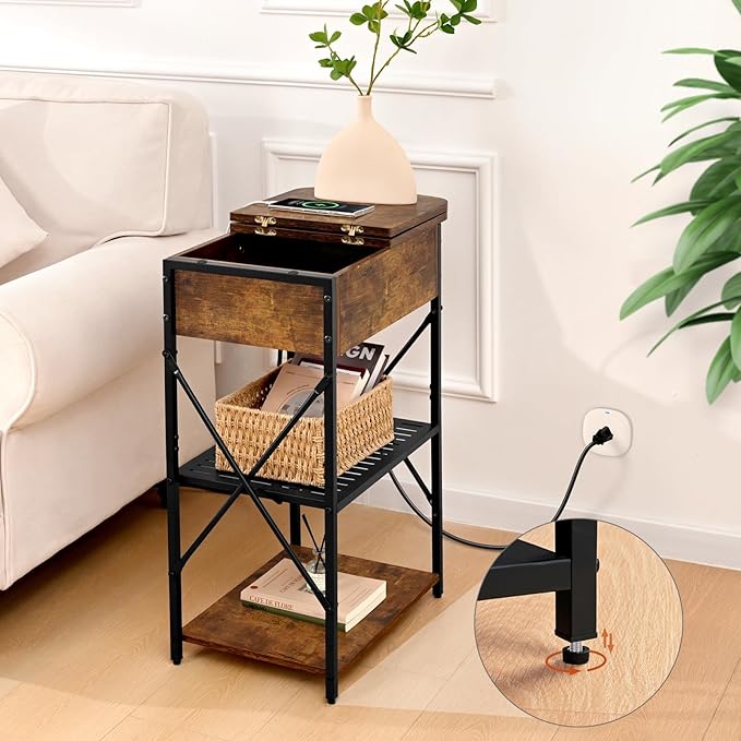 Livofloral Narrow End Table with Charging Station, Side Table with 3 USB Ports and 2 AC Outlets, Flip Top End Table with Storage, Nightstand with Drawer, Side Tables Living Room, Bedroom, Brown