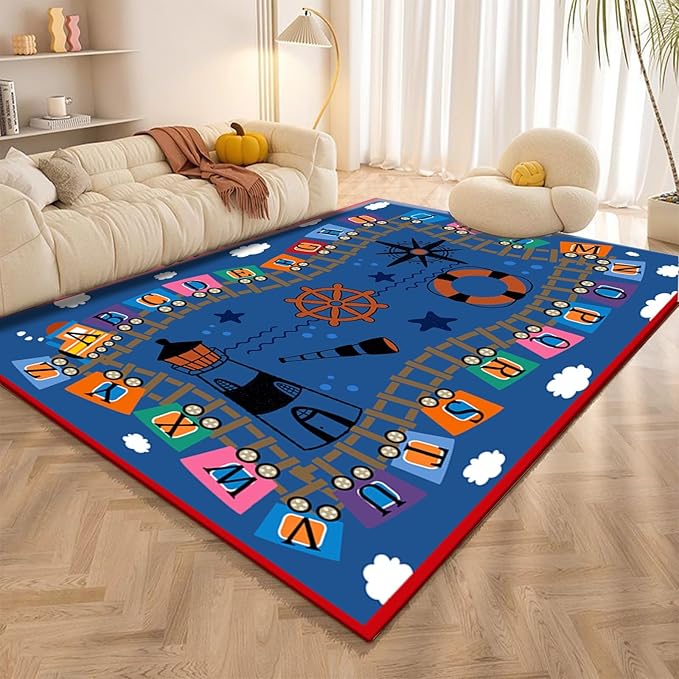 Nautical Theme Kids Rug, 3x4ft, Cartoon Railway Letter Train Indoor Throw Rugs, Washable Dirty Resistant Absorbent Mat for Indoor, No Crease Cozy Thin Carpet for Floor Family