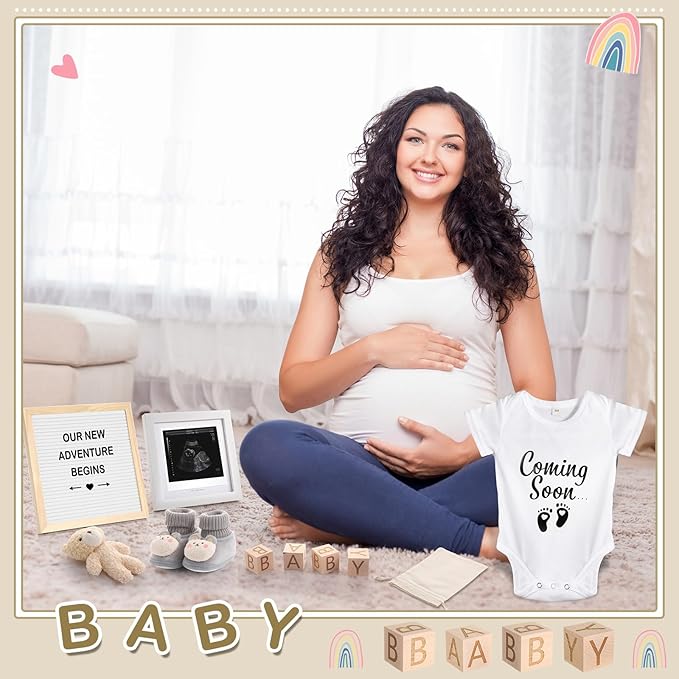 9 Pcs Pregnancy Announcement Set Pregnancy Reveal Ideas Felt Letter Board Baby Bodysuit Booties Photo Frame Bear Plush Wood Blocks for Coming Soon Baby Announcement(White)