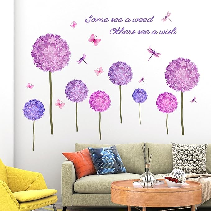 Dandelion Plant Wall Decals Flying Butterfly Dragonfly Wall Stickers Removable Violet Hydrangea Floral Wall Decor for Living Room Kids Bedroom Girls Bedroom Home Wall Decor