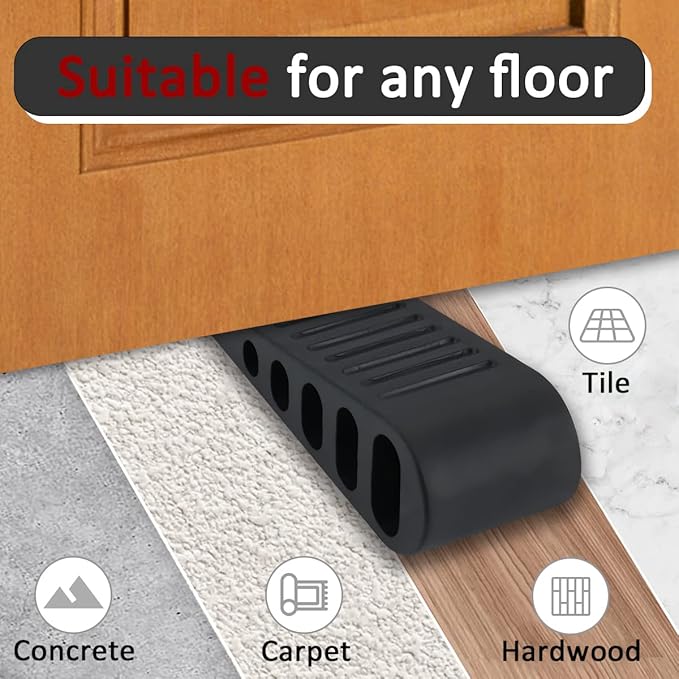 JQK Rubber Door Stopper Wedge, Black 4 Pack Soft TPR Premium Door Stops for Bottom of Heavy Duty Door on Tile, Concrete, Carpet, Wooden Floor, DSB61-BK-P4