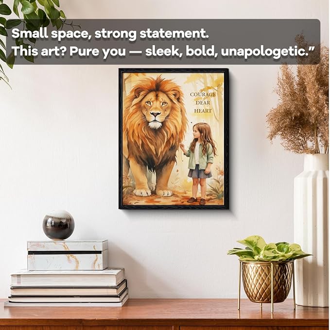 Courage Dear Heart wall art, bravery encouragement quote, watercolor animal wall decor, matte finish framed canvas print, kids motivational poster artwork, for nursery birthday gift, 12x15 inch