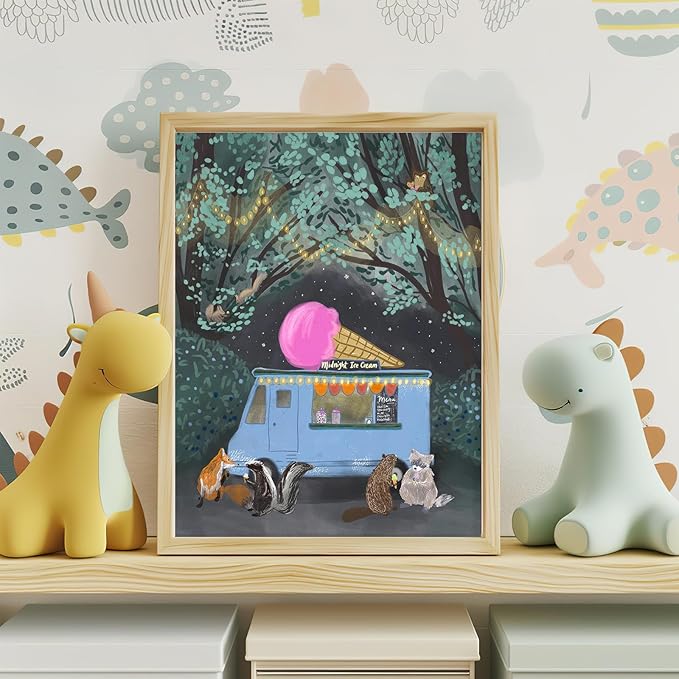 Nursery Poster Cute Animal Picture Vintage Animal Wall Art Nursery Decor Midnight Ice Cream Magical Forest Animals 12x16Inch Unframed Poster for Kids Room Boy and Girls Room Baby Room BedRoom BathRoom