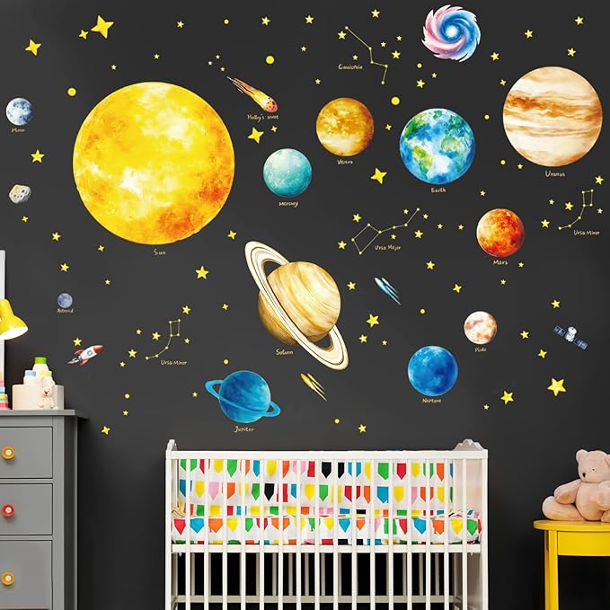 SHUCHING Solar System Wall Sticker Peel and Stick, Vinyl Space Planet Wall Decal, Educational Wall Decor Art Home Decoration for Daycare Bedroom Nursery Playroom