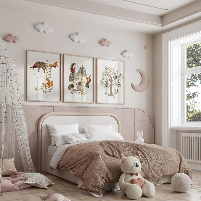 3Pcs Woodland Safari Animals Nursery Canvas Wall Art Baby Jungle Small Animal Wall Decor Pictures Tree Bear Rabbit Fox Hedgehog Kids Posters Prints for Classroom Children Bedroom Decoration Unframed