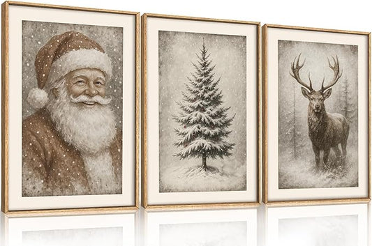 HLNIUC Large Vintage Christmas Framed Wall Art Set of 3, Santa Claus Reindeer Decor, Snowy Xmas Pine Tree Neutral Canvas Art(16x24), Farmhouse Rustic Sketch Prints for Living Room, Bedroom, Office
