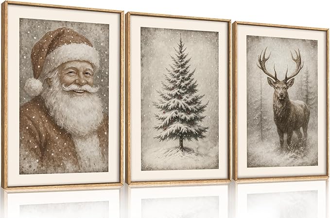 HLNIUC Large Vintage Christmas Framed Wall Art Set of 3, Santa Claus Reindeer Decor, Snowy Xmas Pine Tree Neutral Canvas Art(24x36), Farmhouse Rustic Sketch Prints for Living Room, Bedroom, Office