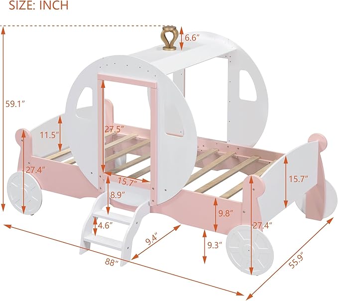Twin Size Princess Carriage Bed Frame for Boys Girls Kids Toddler with Crown, Wood Platform Car Bed with Stair, White+Pink