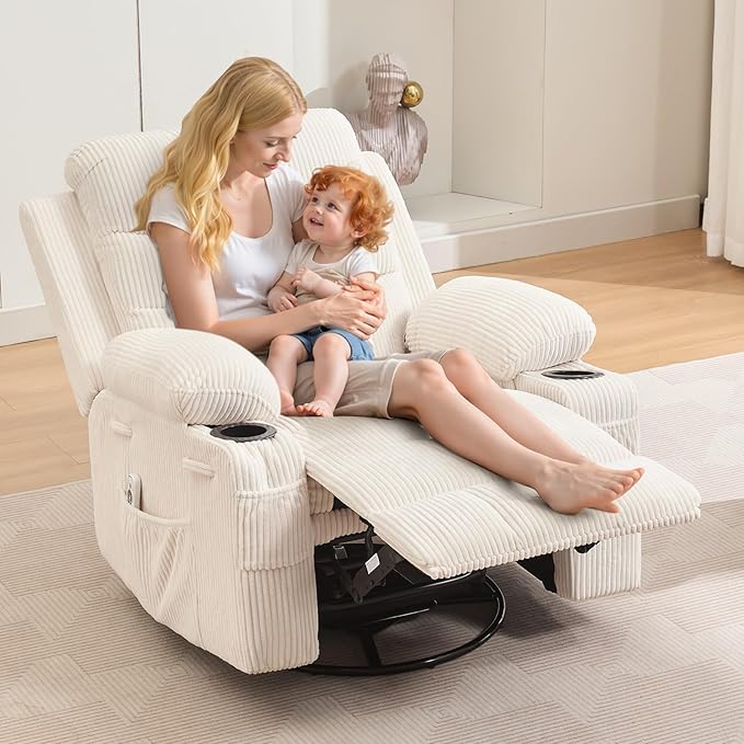 Recliner Chair Nursery, Oversized Manual Reclining Rocking Chair, 360 Swivel Glider with Cup Holder, Massage and Heat Recliner, Indoor Small Single Sofa Chairs for Adults, RV, Bedroom, Corduroy Beige