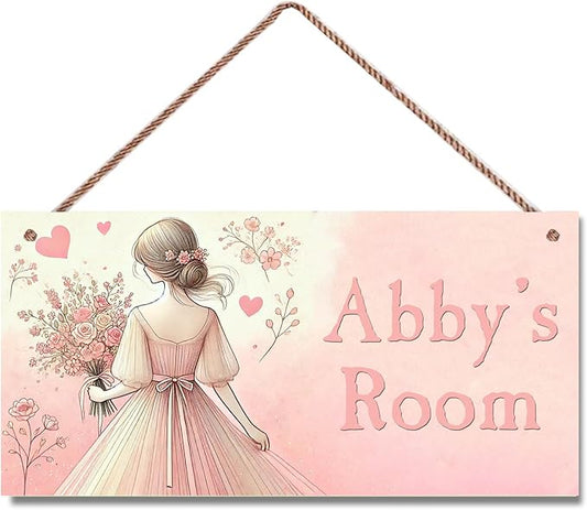 Personalized Signs Girl and Flowers Decor Custom Wooden Signs Nursery Name Hanging Décor Kids Door Sign For Girls Room