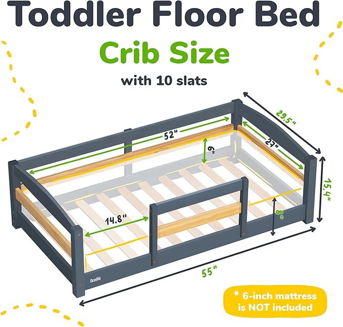 Ocodile Toddler Bed with Rails | Low Montessori Floor Bed Frame for Kids | Standard Crib Size Wooden Frame for Independent Toddlers 1-3 - Gray