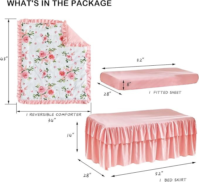 3 Pieces Flowers Crib Bedding Set Baby Ruffled Quilted Comforter with Fitted Sheet and Bed Skirt - Cute Ruffled Shabby Chic Baby Bedding Soft Blanket Floral Design