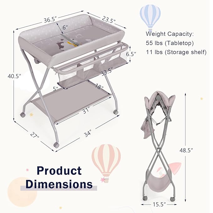 Costzon Portable Changing Table, Mobile Baby Changing Table with Wheels, Safety Belt, Large Storage Basket, Rack & Shelf, Folding Diaper Changing Station Nursery Organizer for Infant Newborn (Gray)