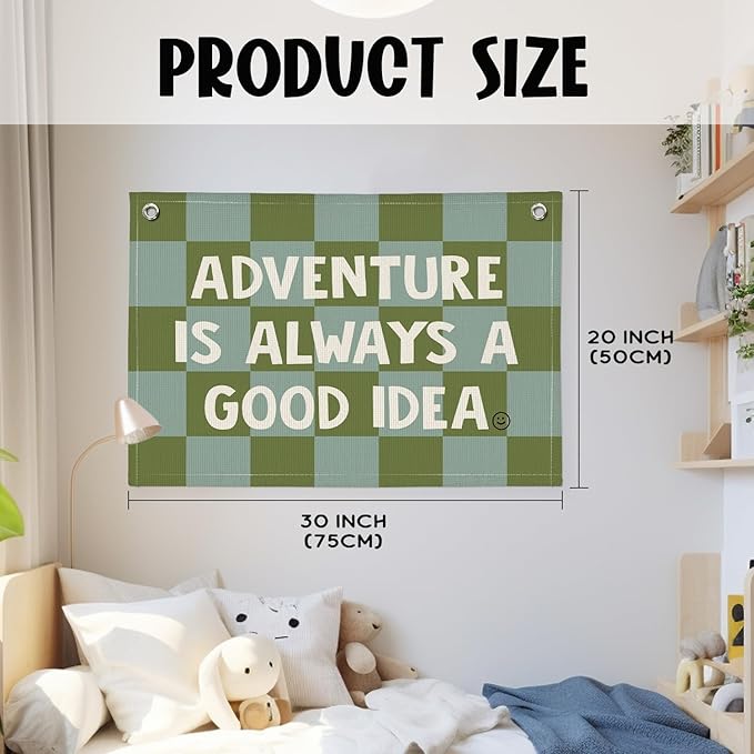 Adventure Camp Banner, Sage Green Boys Room Playroom Decor, Wall Hanging Canvas Banner Flag Decor for Toddler Boy Room Nursery