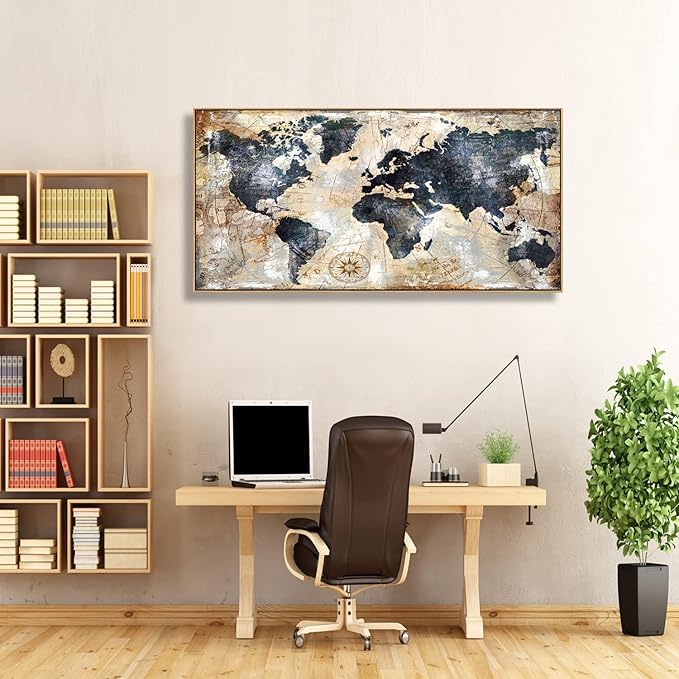 Tucai Decor Framed Wall Art World Map Wall Art Print Picture Decor Home Interior - Map Picture for Office Decor Travel Memory Nautical Map Canvas Artwork 20 x 40 inch Ready to Hang (Framed)