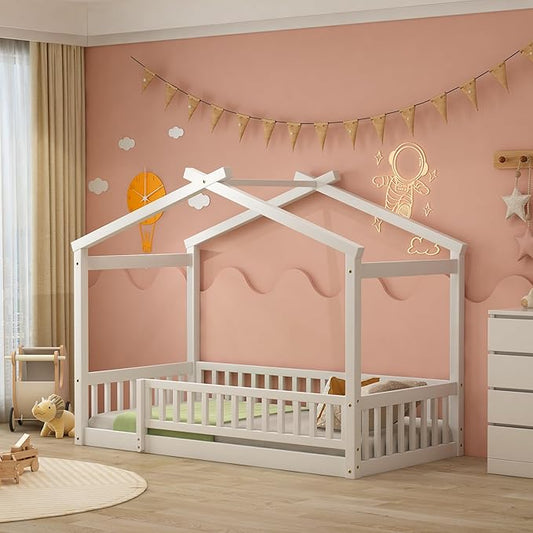 Merax Twin Size Wooden House Bed with Fence, Wood Bed Frame with Roof and Safety Guardrail for Kids, Teens, Boys or Girls, White