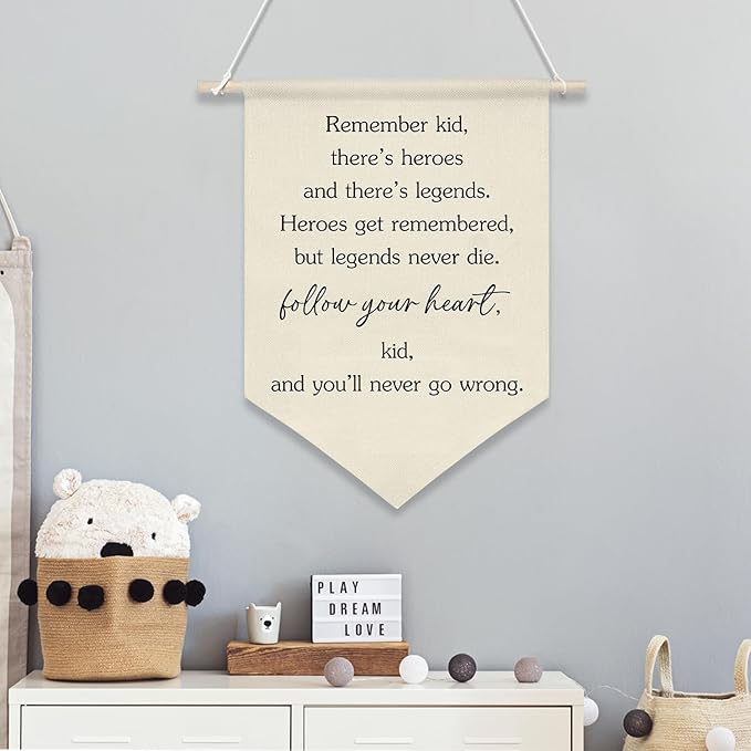 Follow Your Heart Inspirational Wall Banner,Heroes and Legends Quote Canvas Flag, Boys Room Motivational Wall Poster Decor, Gift for Kids Nursery Playroom or Graduation 11x16inch(KD27)