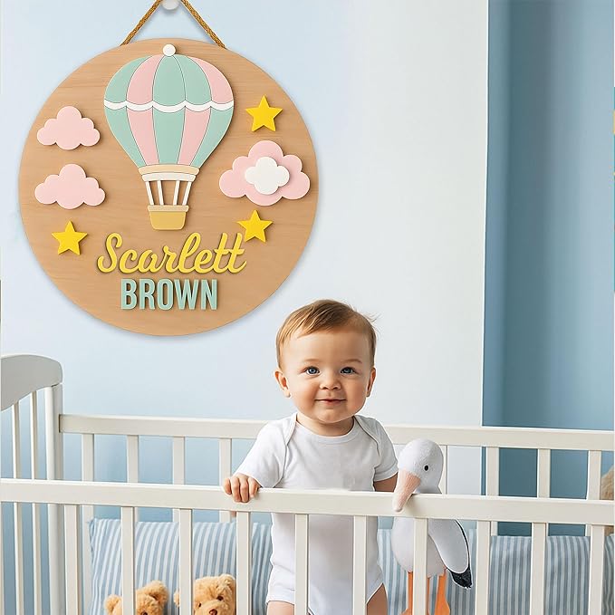 Hot Air Balloon Door Sign for Girls Room Decor – Custom Wooden Nursery Plaque with Stars and Clouds, Personalized Room Wall Decor with Baby Name Engraving