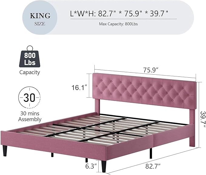 BarnFurin King Size Platform Bed Frame, Fabric Upholstered Bed with Button Tufted Headboard, Adjustable Headboard Design, Easy Assembly, No Box Spring Required, Pink