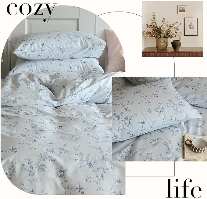 Vintage Style Garden Floral Duvet Cover Full 3 Pieces Cotton Flower Duvet Cover Blue Floral Bedding Cover with 2 Pillowcases Reversible Floral Botanical Comforter Cover Cottagecore Bedding Set Full