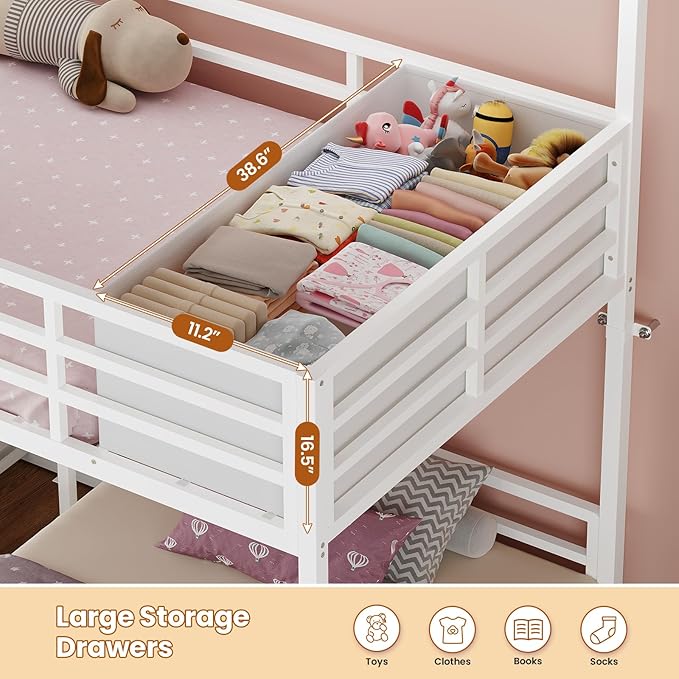 BTHFST Triple Bunk Bed Twin Size with House, 4 Storage Drawers, Charging Station and LED Lights, Metal Kids Bunk Bed with 13.4" H Safety Guardrail and Play Curtain, DIY House Shaped Bed, White