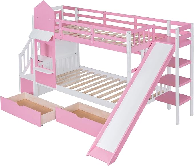 Twin-Over-Twin Castle Style Bunk Bed with 2 Drawers and 3 Shelves, Wood Bunk Bed Frame with Slide and Storage Staircase for Kids Teens Boys Girls, Maximize Space Savings