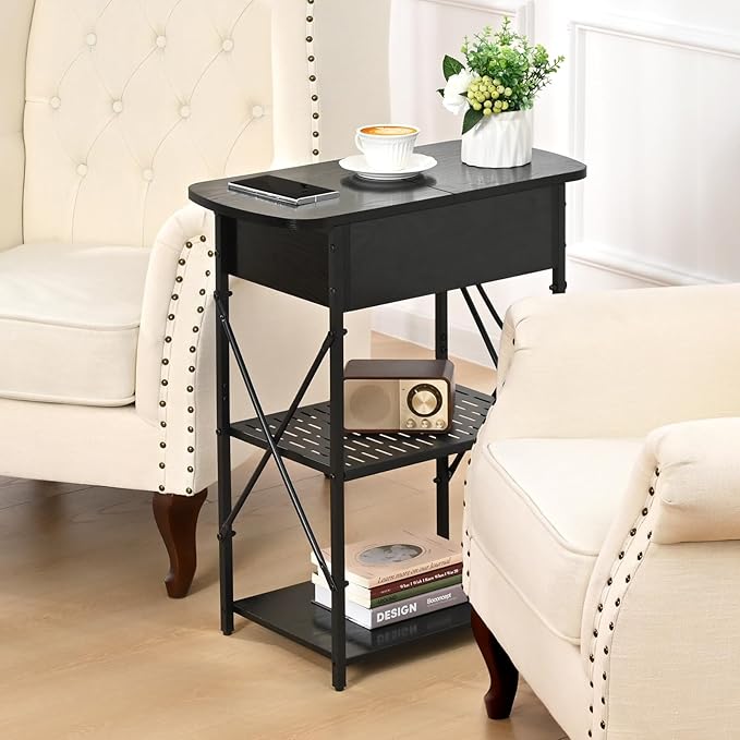 Livofloral Narrow Side Table with Charging Station, End Tables Set of 2 for Small Spaces, Flip Top End Table with Storage, Black End Tables Living Room, Nightstand Set 2 with Drawer for Bedroom
