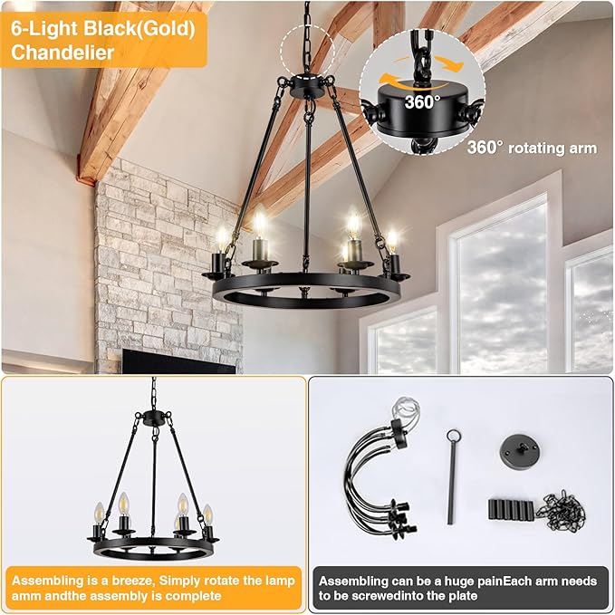 Wagon Wheel Chandelier, 6-Light Black Round Modern Farmhouse Chandelier with Adjustable Height Hanging Island Light Fixture for High Ceiling Dining Room, Kitchen, Living Room, Entryways, Foyer