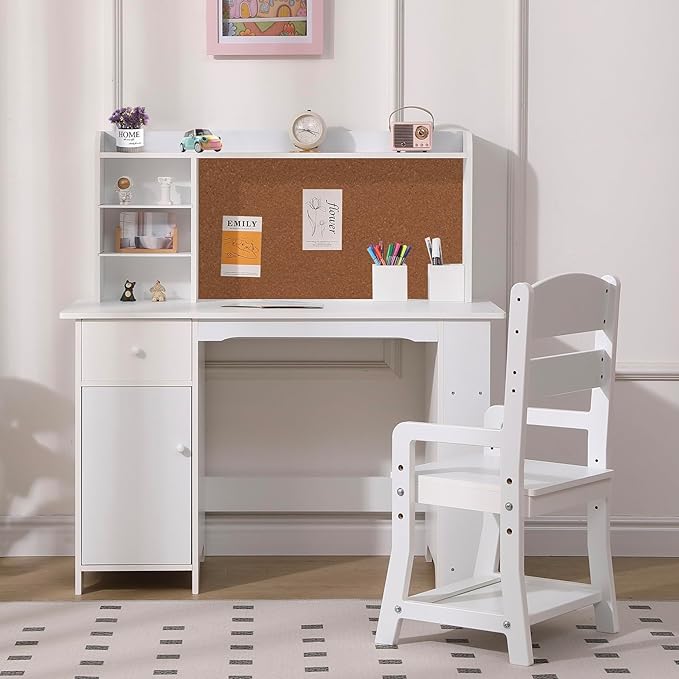 GarveeHome Kids Desk and Chair Set, Wooden Study Table with Storage Shelf, Bulletin Board, Children School Learning Desk Set, Writing Table for Boys and Girls, White