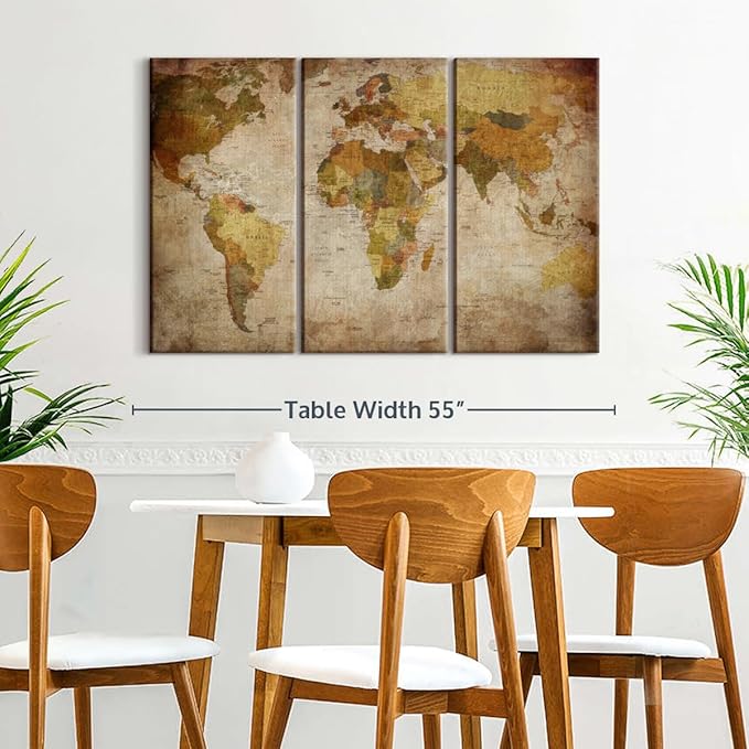 ElephantStock World Map Multi Piece Canvas - 3 Piece Canvas World Map Wall Decor - Wall Decor - Ready-to-Hang Print - Vintage Wall Art - 50" X 32"