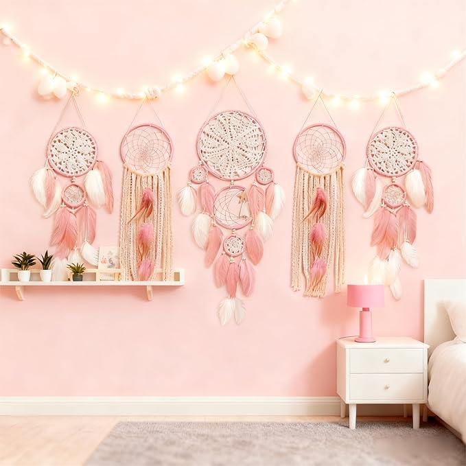 Dream Catcher Wall Decor,Large Boho Dream Catcher with Luxurious Feathers & Beads, Handmade Wall Hanging for Bedroom, Nursery, Living Room, Gift Ready for Girls & Adults (Pink)