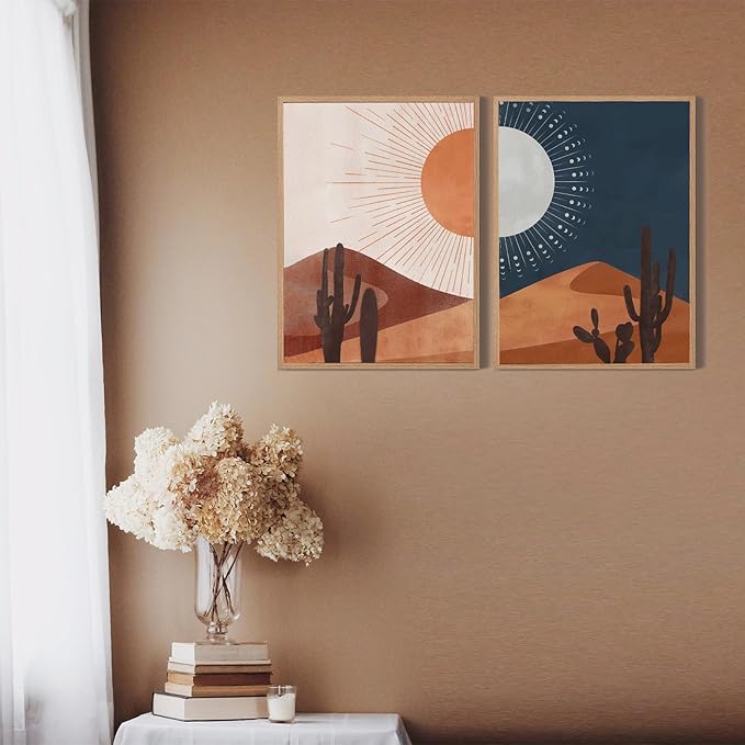 Sun and Moon Cactus Desert Landscape Art Decor Cactus Wall Art Decor - Desert Landscape Art Southwest Western Joshua Tree Pictures Print, Boho Wall Decor 16x24 inch Unframed Home Bedroom Decoration