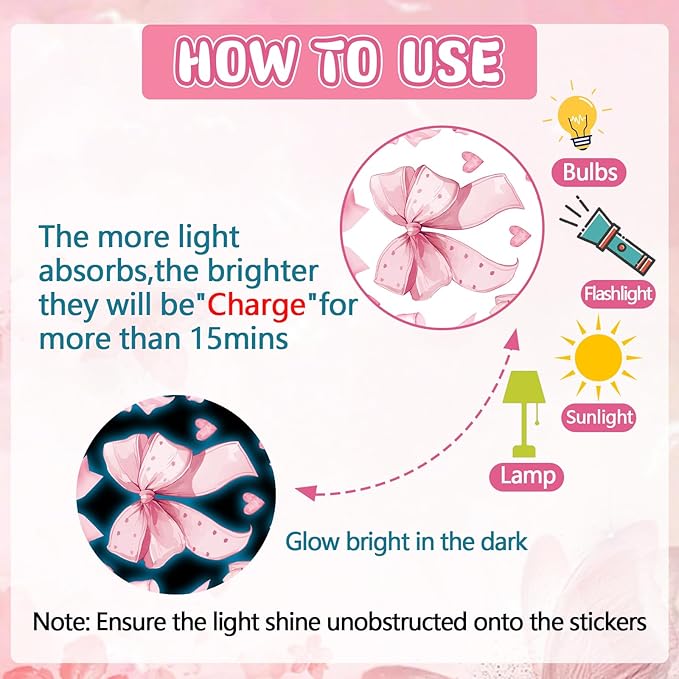 Glow in The Dark Pink Bow Wall Stickers Glowing Luminous Light Pink Bow Knot Wall Decals Watercolor Coquette Wall Art Decor Wallpaper for Nursery Kindergarten Girls Bedroom