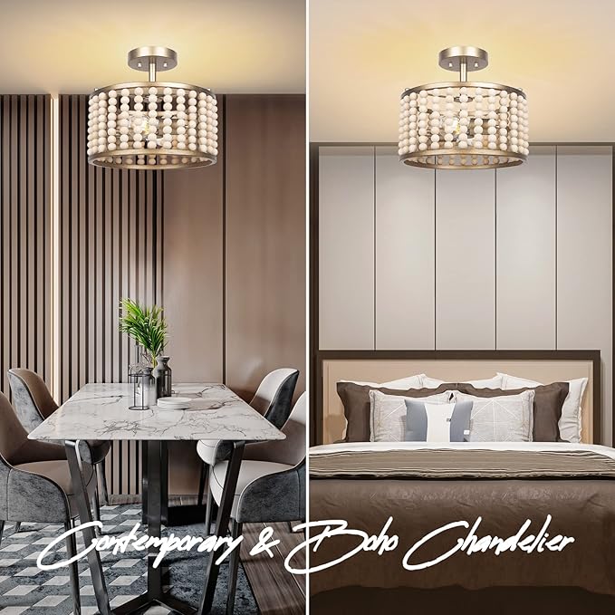 Boho Light Fixture - Wood Beaded Semi Flush Mount Ceiling Light, Modern Farmhouse Chandelier, Golden 2 Lights Nursery Light Fixture for Bedroom Hallway Foyer Kitchen Island Living Room, E26 Base