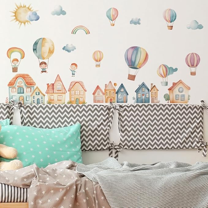 Cartoon City Wall Decals, Whimsical Hot Air Balloons, Houses, Animals, Rainbow, Sun, Clouds Design, Removable Vinyl Stickers for Kids Room, Nursery, Bedroom, Playroom Decor (Colorful-03)