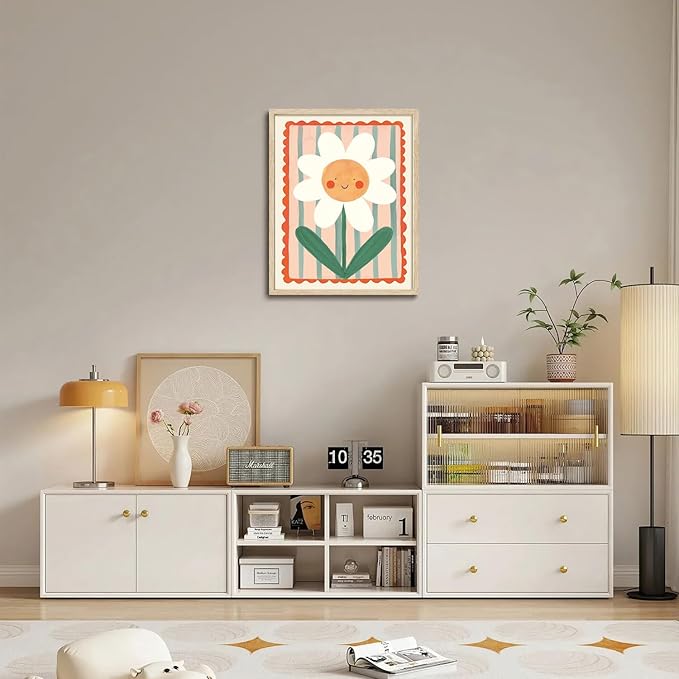 KISSFOX Framed Wall Art Nursery Wall Decor Sunshine Floral Pictures Kids Cute Flower Canvas Art Colorful Daisy Paintings Sweet Whimsical Artwork For Children Boys Girls Room