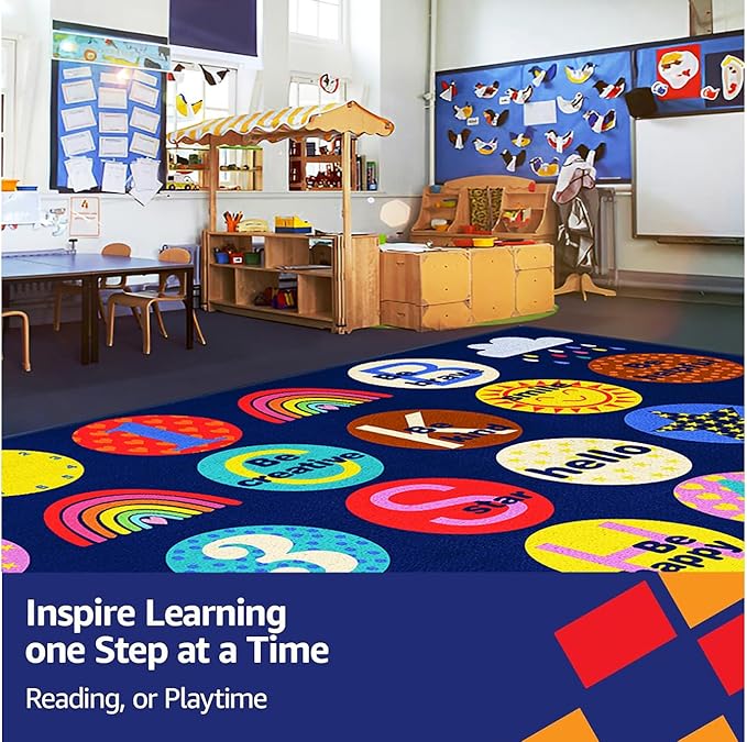 Education Classroom Rug Elementary Nylon Classroom Seating Carpet 7'5"x13' with 24 Seats Durable Blue Nursery Learning Rug for Preschool, Daycare, Playroom (Education, 7'6"x13'1")