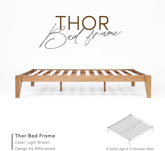 Thor Premium Solid Wood Bed Frame Queen, Platform Bed, Japanese Joinery Bed Frame, Wood Slat Support, No Box Spring Needed, Easy Assembly, Minimalist & Modern Style (Light Brown)