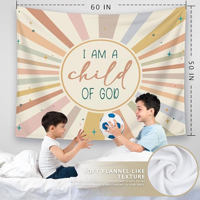 LIANGW Boho Neutral Baby Nursery Christian Wall Tapestry – I am a Child of God Bible Verse Decor, Inspirational Toddler Room Tapestry for Boys,Teens Room Decoration Living Room Bedroom 50x60 inches