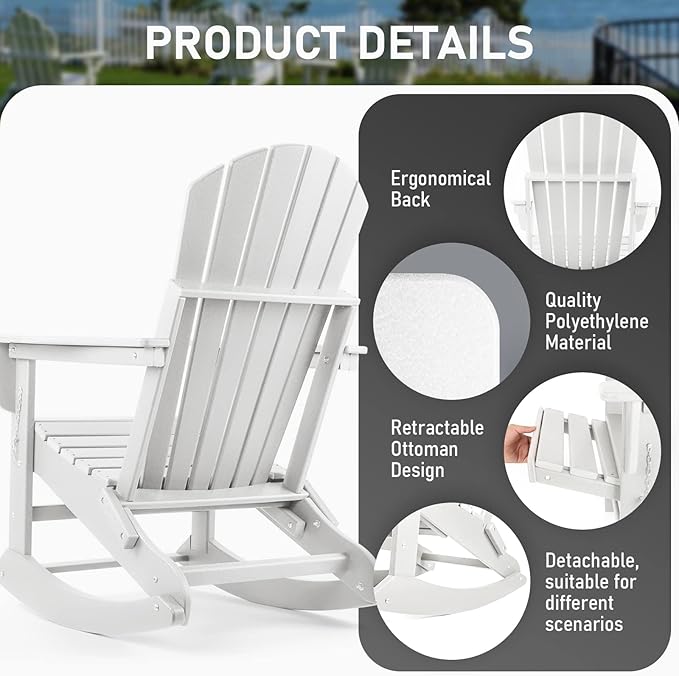 FUNBERRY Adirondack Rocking Chair, Multifunctional 4-in-1 Porch Rocker with Retractable Ottoman & Cup Holder HDPE All Weather