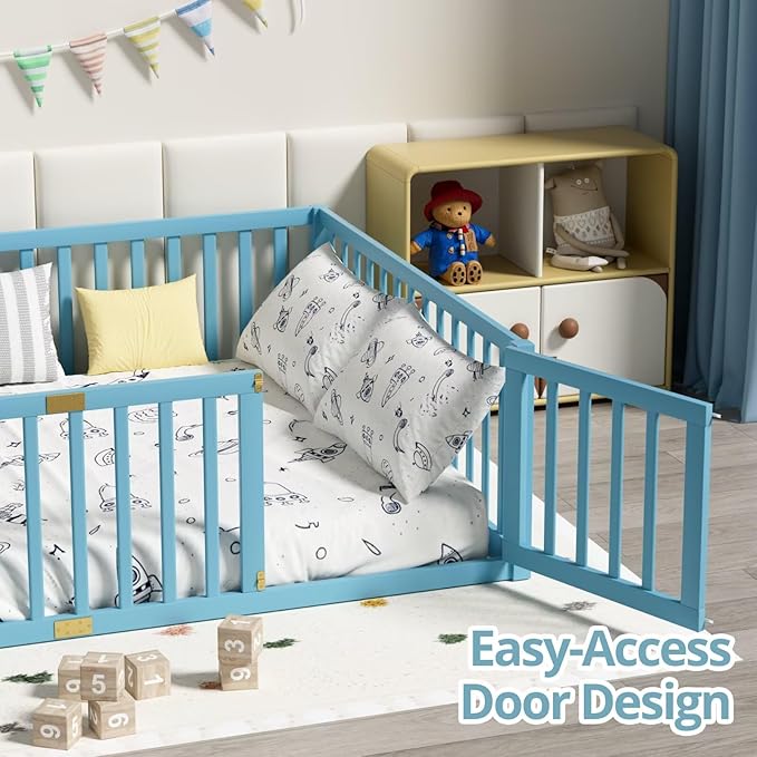 LLS Full Size Floor Bed with 21.6" High Fence for Kids Boys Girls, Solid Wood Multifunctional Montessori Bed Frame with Door, Without Slats, Sky